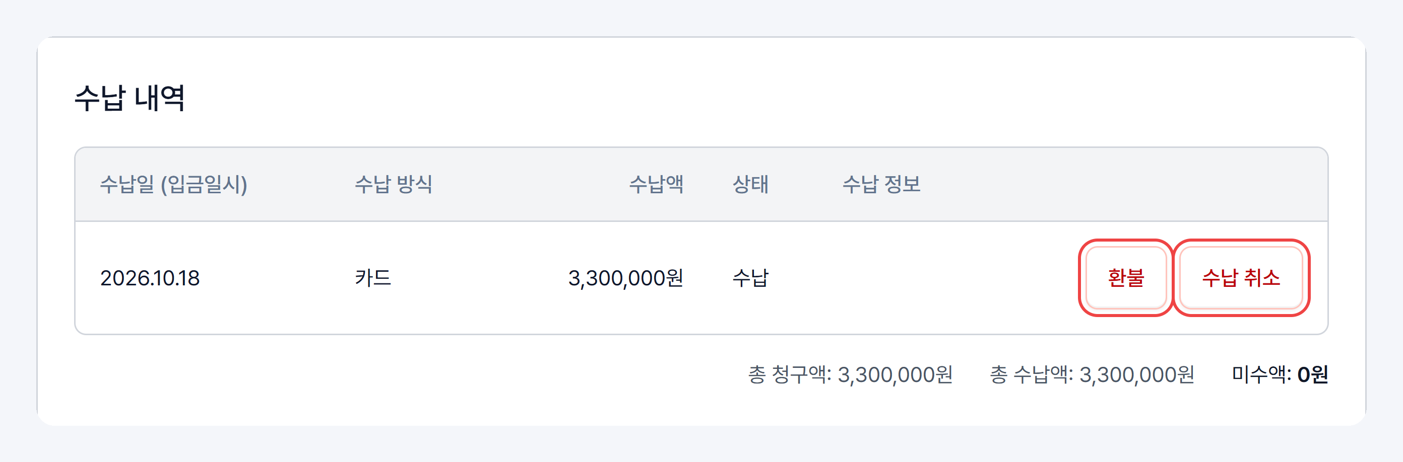 수납 내역 행 오른쪽의 환불·수납 취소 버튼