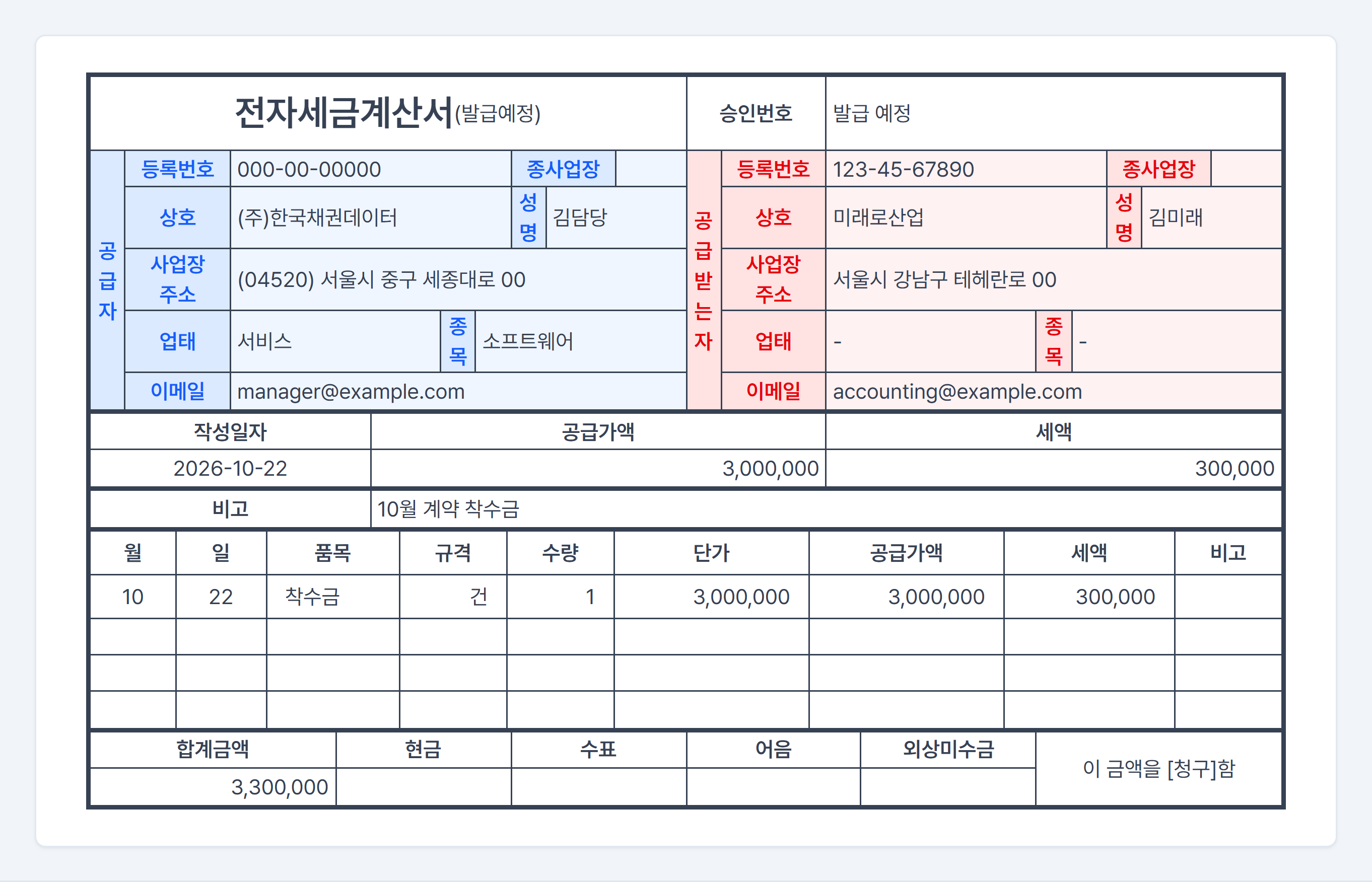 세금계산서 미리보기 — 전자세금계산서(발급예정) 양식에 공급자·공급받는자·작성일자·공급가액·세액·품목이 채워진 모습