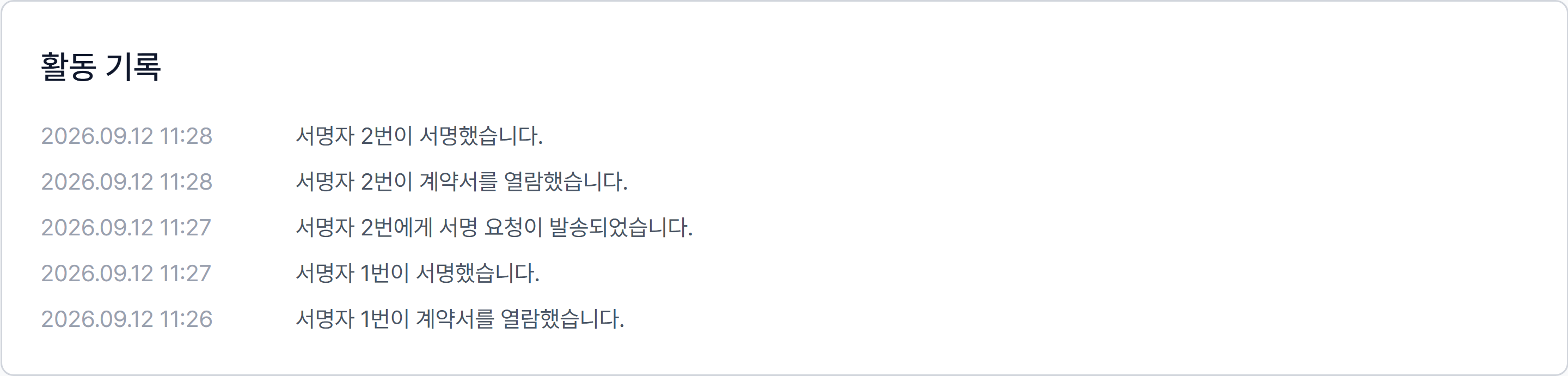 활동 기록에 열람·서명·서명 요청 발송 시각이 남은 모습