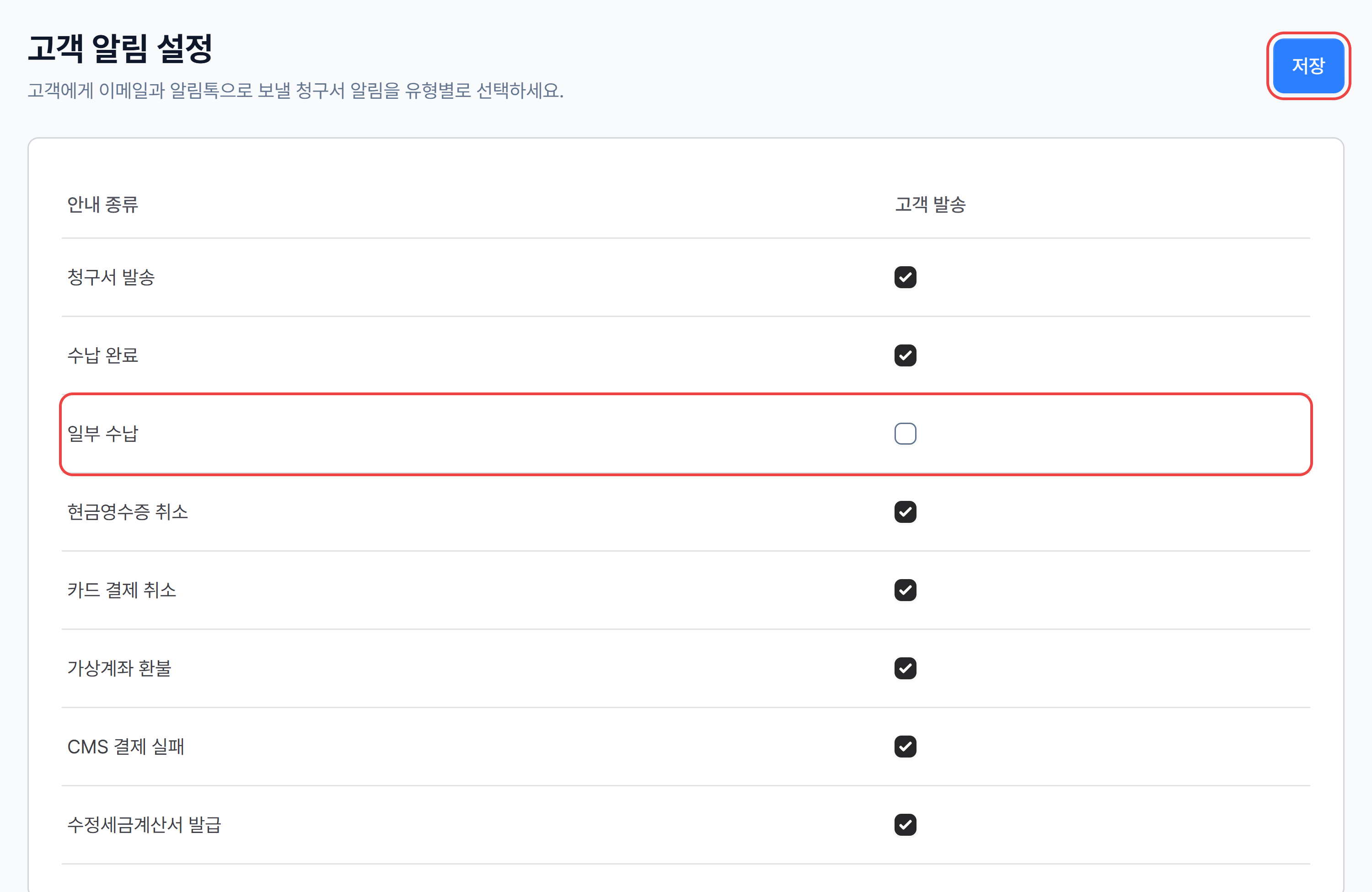 설정 > 알림 > 고객 알림 설정 — 안내 종류별 고객 발송 체크와 저장 버튼