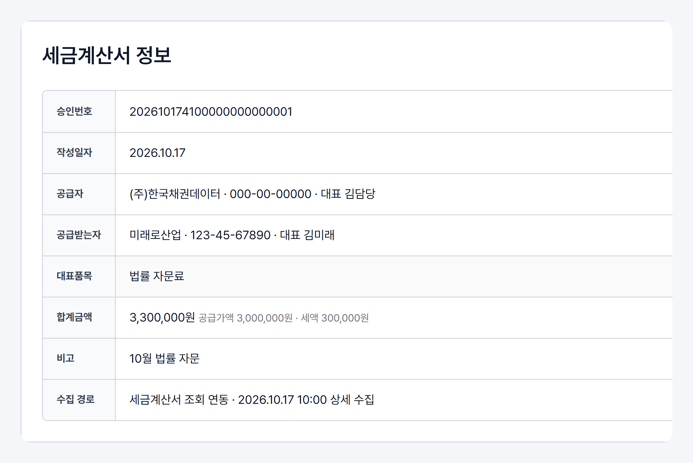 세금계산서 정보 부분 확대: 승인번호·작성일자·공급자·공급받는자·대표품목·합계금액·비고·수집 경로