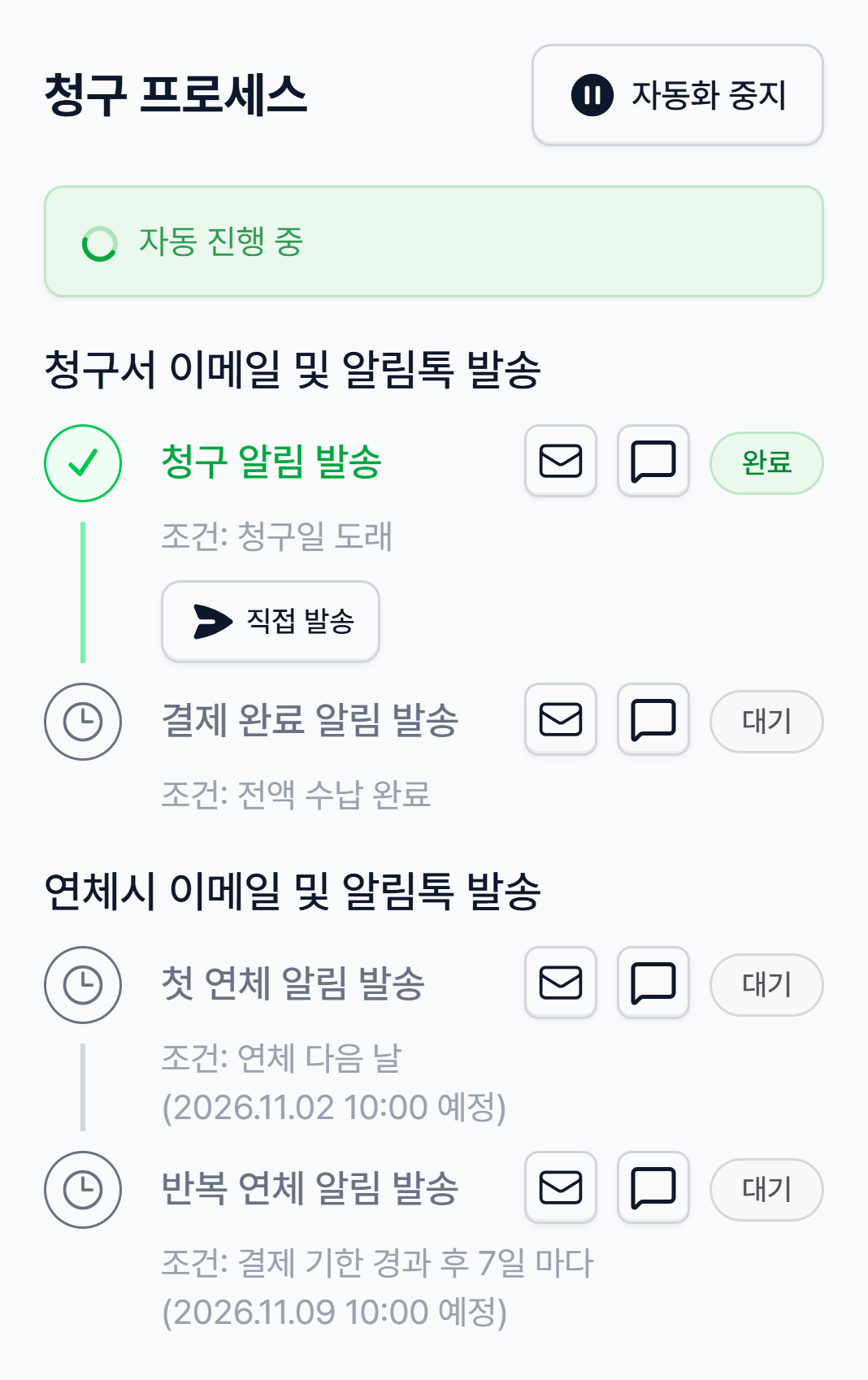 청구서 상세 오른쪽의 청구 프로세스 카드 — 자동화 중지 버튼, 자동 진행 중 안내, 단계별 상태