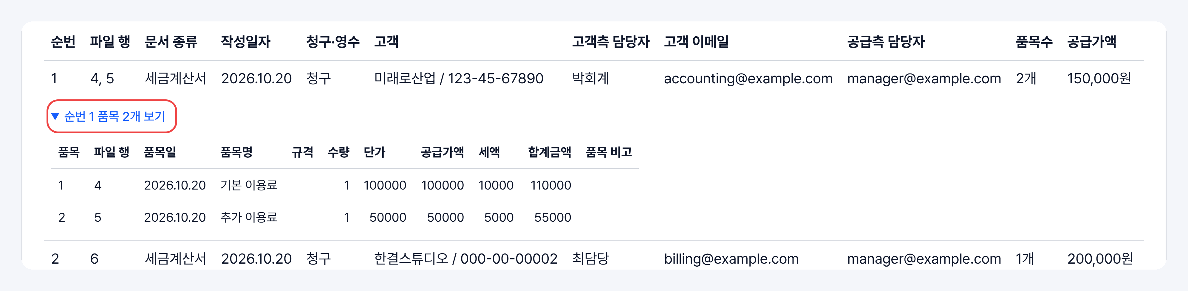 순번 1 품목 2개 보기를 펼쳐 품목·파일 행·품목일·품목명·규격·수량·단가·공급가액·세액·합계금액·품목 비고가 보이는 모습
